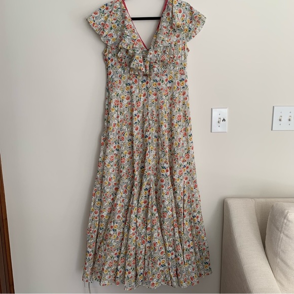 Doen Audette Cotton Ruffle Bow Ribbon Floral V Neck Maxi Dress Sunrise Blooms - Picture 13 of 16